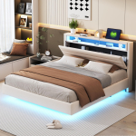 Polsterdatud voodi 160x200 cm USB-pistikupesa ja LED-valgustusega, P&ouml;&ouml;ratav peats, Peidetud jaluts, Kahekohaline lamevoodi, Linane kangas Beež 214 x 161 x 106 cm beež