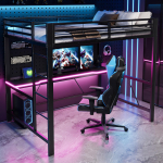 140x200 M&auml;ngimiseks m&otilde;eldud metallist k&otilde;rgvoodi raam LED-valgustuse, USB-laadimispunkti ja kirjutuslauaga, Must 204 x 145 x 180 cm must