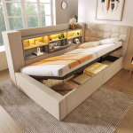 Polsterdatud Voodi 90x200 cm &Uuml;heinimese, LED-valgustus, H&uuml;drauliline Panipaik, L-kujuline Peatsi, P&ouml;&ouml;ratav, Lamellraam, Linane, Beež (Ilma madratsita) 213 x 108 x 86 cm