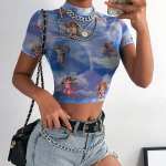 Angel Print Mesh Seksikas T-s&auml;rk Crop Top k&otilde;rge kaelusega l&uuml;hikeste varrukatega graafilised t-s&auml;rgid Naiste t&auml;navar&otilde;ivad Harajuku s&auml;rgid Soe allahindlus S sinine