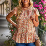 L&uuml;hikeste liblikatega varrukatega volangidega s&auml;rk 2023. aasta suvine naiste topid Puhkusestiilis vabaaja, magusate lilledega pluusiga riietus 24775 S oranž