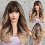 HAIRCUBE Pikk laineline pruun Ombre s&uuml;nteetiline parukas Naturaalse juuksepiiriga juuksed koos tukkidega mustadele naistele kuumakindel igap&auml;evane Cosplay parukas