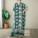 L&uuml;hikeste varrukatega Suures suuruses puuvillane satiin vintage lilleline uus kleit naistele vaba vaba pikk suvekleit roheline