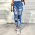 Mood T&auml;hestik Print Stretch Leg Pliiats Teksad Naiste Trend Katkised augud Teksap&uuml;ksid Naiste &otilde;huke keskmise v&ouml;&ouml;koha n&ouml;&ouml;p &scaron;ikid p&uuml;ksid XXL sinine