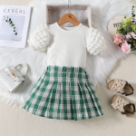 Suviste t&uuml;drukute mood, valge kootud puhvis varrukatega topp + ruuduline seelik, 2-osaline komplekt lastele riided, t&uuml;drukute vormiriietus 2T must