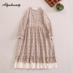 Mori Girl Kevad-s&uuml;gis naiste Retro kleidi aluskrae Sinine aprikoosikohv Lilletr&uuml;kiga kleit Puuvillane Linane Vintage avar Midi Kleit One Size aprikoosi
