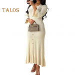 Kevads&uuml;gisene naistekleit, n&ouml;&ouml;biga, V-kaelusega, kootud pikkade varrukatega, liibuv, lapiline kalasaba-&auml;&auml;r, &uuml;hev&auml;rviline veniv maksikleit S sinine