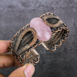 Natural Rose Quartz Gemstone Copper Wire Wrap Cuff Bangle Adjustable t6k30