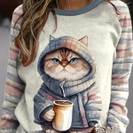 Kevadsuvi naiste vabaaja T-s&auml;rk 3D Cat Print Gradient T-s&auml;rk avara pikkade varrukatega O-kaelusega tee Mood Harajuku naiste topid M