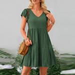 Naiste suvised vabaaja t&auml;iskork-varrukatega V-kaelusega astmelised volangidega taskutega kleidid M