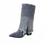 Denimsinine naiste l&auml;&auml;ne Cowgirl saapad Moodsad ruudukujulised k&otilde;rged kontsad kingad S&uuml;gistalvine terava varbaga naiste ratsu papud 35 sinine
