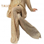 Naiste litrid s&auml;rk p&uuml;ksid rev V kaelus kottis pikkade varrukatega keskmise pikkusega mantel laia s&auml;&auml;rega &uuml;lisuured p&uuml;ksid pidude klubi Kuulsuste komplekt M Trousers kuldne