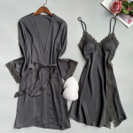 Naiste 2 TK hommikumantli komplekt &Ouml;&ouml;s&auml;rk Tikitud Pits Pulmamantli kleit Seksikas Satiinist magamisriided Suvine Kodukandmine &Ouml;&ouml;s&auml;rk Pesu L