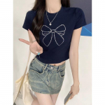 Tumesinine vibuga kuumade teemantitega &uuml;mara kaelusega parema &otilde;la l&uuml;hikeste varrukatega T-s&auml;rk naistele suveks petite slim fit bm l&uuml;hike crop top S