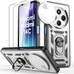 2 Verres Tremp&eacute;s + Coque pour Xiaomi Redmi 14C, Argent&eacute; Antichoc Cache Cam&eacute;ra Anti-Rayure Rigide