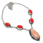 Natural Orange Aventurine, Coral 925 Sterling Silver Jewelry Necklace 18 j0d23