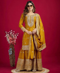 Naiste traditsiooniline riietus Raske Chinnon Salwar Suit Palazzo komplekt India Bollywood Pakistani Salwar Kameez M kollane