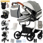 BAZARLAND30.Poussette 3 en 1 B&eacute;b&eacute; Combin&eacute;e Si&egrave;ge-Auto Nacelle Trio R&eacute;versible cuir pu Roues increvables Canne.GRIS hall