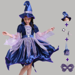 T&uuml;drukute n&otilde;iakost&uuml;&uuml;mi kleidikomplekt m&uuml;tsi, v&otilde;lukeepi, maski ja kotiga Halloweeni Cosplay riietus lastepeoks, esinemiseks, rollim&auml;nguks 110 sinine