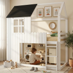 K&otilde;rgvoodi, lastem&ouml;&ouml;bel, peened aknad, ilusad majakujulised detailid, kolmeastmeline redel, piire k&otilde;ikidel k&uuml;lgedel, m&auml;nnipuit + MDF, valge+must, 90x200cm 205 x 100.5 x 221 cm