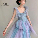 Prantsuse superhaldjas printsess, pundunud kleit, naiselik suvine uus ni&scaron;iv&otilde;rgust lapiline kleit S sinine