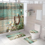 4 tk Retro puiduteraline lilleline du&scaron;ikardin 12 konksuga libisemiskindla vannitoavaibaga vannitoakomplekt koos tualettruumi kaane kattepadja ja U-kujulise matiga 4pcs