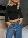 Seljata seksikad mustad High Street T-s&auml;rgid Naiste &otilde;&otilde;nsad, pikkade varrukatega k&auml;rbitud topid Naiste vabaaja t&auml;navar&otilde;ivad Bodycon Mood Solid Basic 2024 riided S must