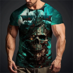 Uus Skull Meeste T-s&auml;rk Suvine Mood Meeste l&uuml;hikeste varrukatega riided Meeste &uuml;lisuure O-kaelusega T-s&auml;rk 3D-printeriga Piraat Skull Tops 3XL
