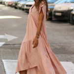 Uus naiste ebaregulaarne lipsukleit vaba &uuml;hev&auml;rviline V-kaelusega kleit S roosa