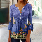 Naistele m&otilde;eldud n&ouml;&ouml;pidega s&auml;rgid, prinditud tuunika, suvised topid, riietatud vabaaja 3/4 varrukatega V kaelusega kevadpluusid L sinine