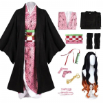 Anime Demon Slayer Kimetsu No Yaiba Kamado Nezuko Cosplay Kost&uuml;&uuml;m Naiste Kimono Parukas Halloweeni Karnevali Riietus &Uuml;likond L-(Costume+Wig)