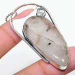 Natural Black Rutile, White Topaz 925 Sterling Silver Gift Pendant 2.56 g2q32