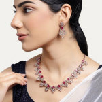 Estele Rhodium Plated CZ Ornamented Necklace set with Ruby stones for Women
