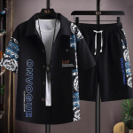 Moodne meeste l&uuml;hikeste varrukatega s&auml;rk, &uuml;likond meeste suvine m&otilde;&otilde;n disain m&otilde;istus splaissing tr&uuml;kk vabaaja spordip&uuml;ksid kaheosalised riided XL