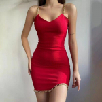 Moodne suvine V-kaelusega libisemiskleit Naiste rihm, keti mantel, punane l&uuml;hike minikleit Bodycon, seksikas p&auml;ikesekleit vabaajariided 24932 S punane