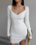 Valge pikkade varrukatega kootud minikleit V-kaelusega soonik Bodycon kampsun Elegantne l&uuml;hike s&uuml;gistalvekleit naistele One Size valge