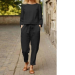 Vabaaja Elegantne Naiste Kaheosaline Komplekt Puuvillane Linane Naiste Dressipluus Pikkade Varrukatega Top Lahtiste P&uuml;kstega Komplekt Naine 4XL valge