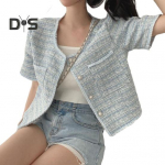 Naiste mantel bleiser prantsuse stiilis elegantne l&uuml;hikeste varrukatega l&uuml;hike t&uuml;&uuml;p &uuml;he rinnaga v&auml;rviga sobiv kevads&uuml;gisjope S sinine