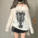 Y2k Harajuku gooti silmkoelised pulloverid, naiste jaapani mood Seksikas pealuu &otilde;lgadelt punk T&uuml;drukute Hole lahtine kampsun S valge