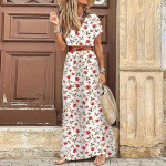 Naiste vabaaja vaba boheemlaslik lilleline kleit l&uuml;hikeste varrukatega, pikk maxi suvine rannakiik XXXL valge