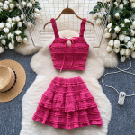 Sweet Wear Naiste Suvine &Scaron;ikk &Otilde;rn Stiil Ruudukujulise Kaelusega Traksidega Top + K&otilde;rge V&ouml;&ouml;koht Volditud Volangidega Seelik One size