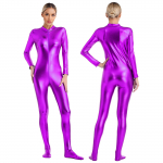 Naiste Metallik L&auml;ikiv Zentai Kombinesoon Mock Kaelusega Pikkade Varrukatega Eest Lukuga Kogu Keha &Uuml;hes T&uuml;kis Retuusid Tantsuetenduse jaoks XXL