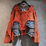 Naiste Pullover Pikkade Varrukatega Ebakorrap&auml;rane Do Old Patchwork Taskutega Vintage Pesuga Denim Kampsun 2XL