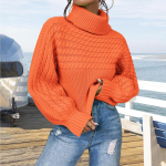 Women's turtleneck sweater long-sleeve loose oversized chunky knit pullover L safran