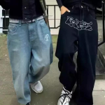 RogueWave Streetwear Y2K Hip Hop Retro Sinised Laiad Teksap&uuml;ksid Harajuku Teksap&uuml;ksid K&otilde;rge V&ouml;&ouml;koht Laiad Tikitud Kirjadega P&uuml;ksid M must