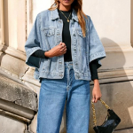 Naiste Cropped Denim Jakk Varrukate ja Vaba Kaelusega Vabaaja Kandmiseks L must