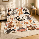 Tikitud kass lilleline korallfliisist tekk kassiaia dekoratsioon 125cm*150cm
