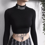 Naiste must Bodycon pikkade varrukatega k&auml;rbitud topid Gooti stiilis Harajuku kirjaga tikandid Vintage soliidsed topid Naiste vabaaja lihtsad topid S must
