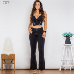 Shascullfites Body Push Up Top Must Denim T&otilde;mblukuga Crop Top Keskmise V&ouml;&ouml;koha Flare Teksad Kaheosalised komplektid Naiste Shaper komplekt XXS