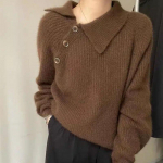 Naistene s&uuml;gis- ja talvine sviiter, vabaaja pikkade varrukatega polo, diagonaalne kaelus, kootud s&auml;rk, naiste avar kampsun, naiste s&auml;rk One Size sinine